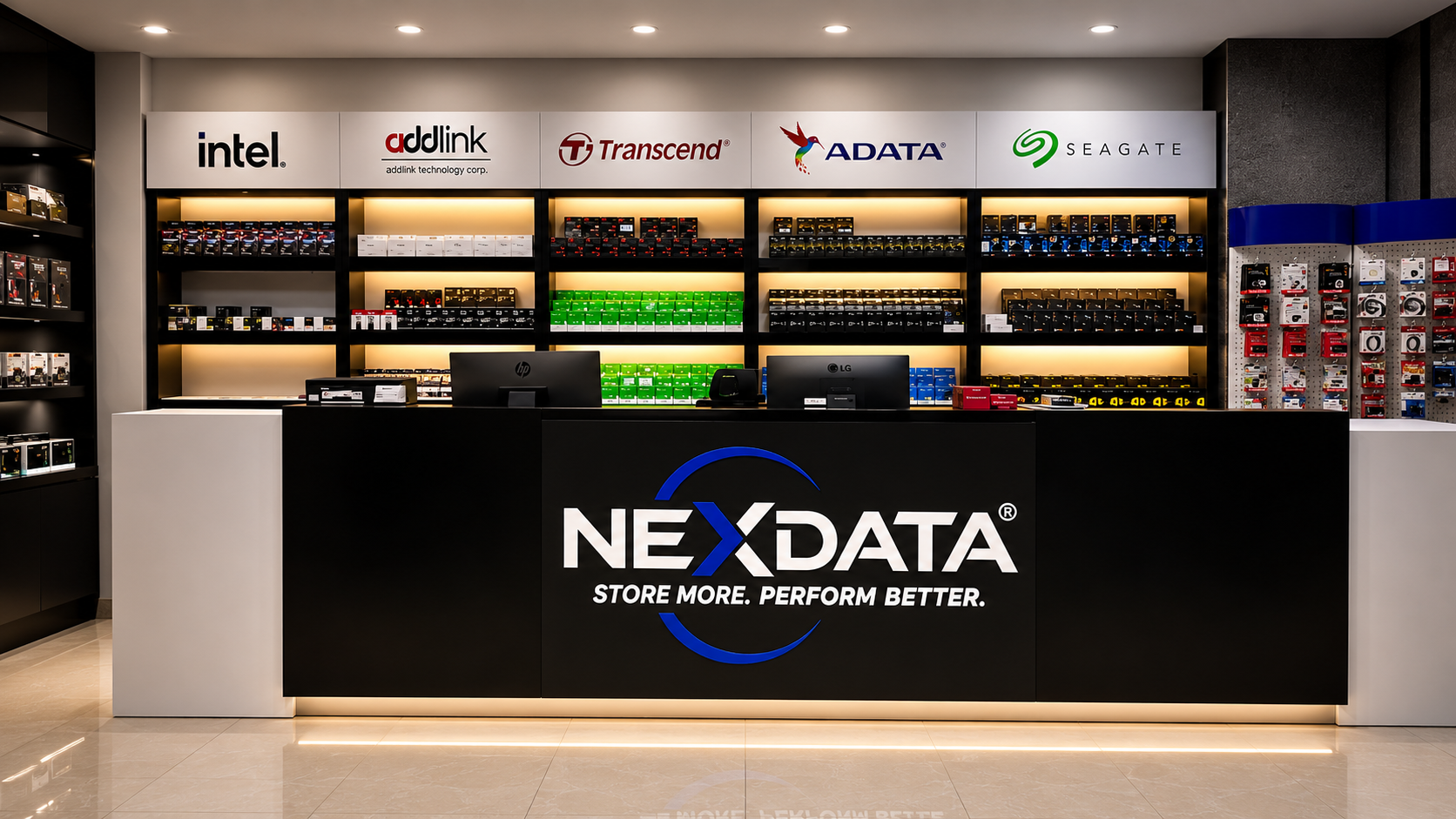 NexData interior display with brand product shelving