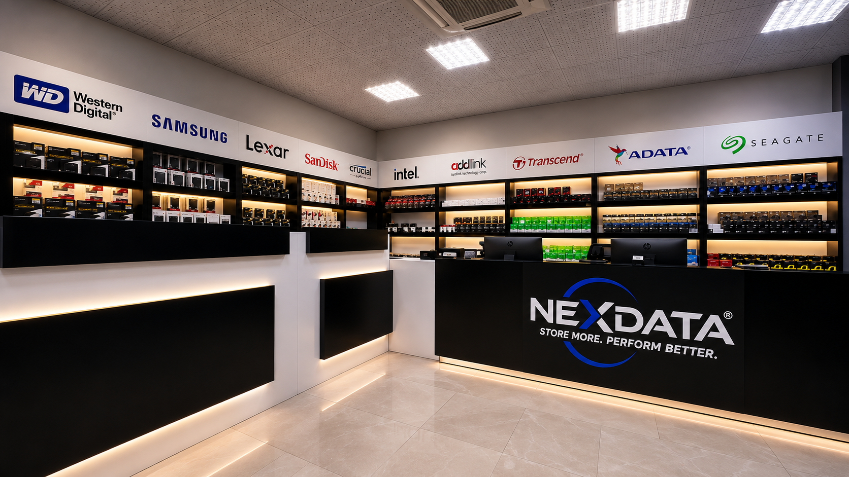 NexData showroom interior counter and product showcase