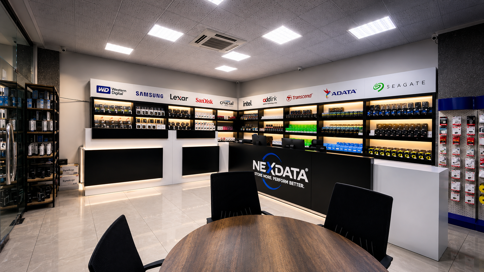NexData showroom interior storage hardware displays